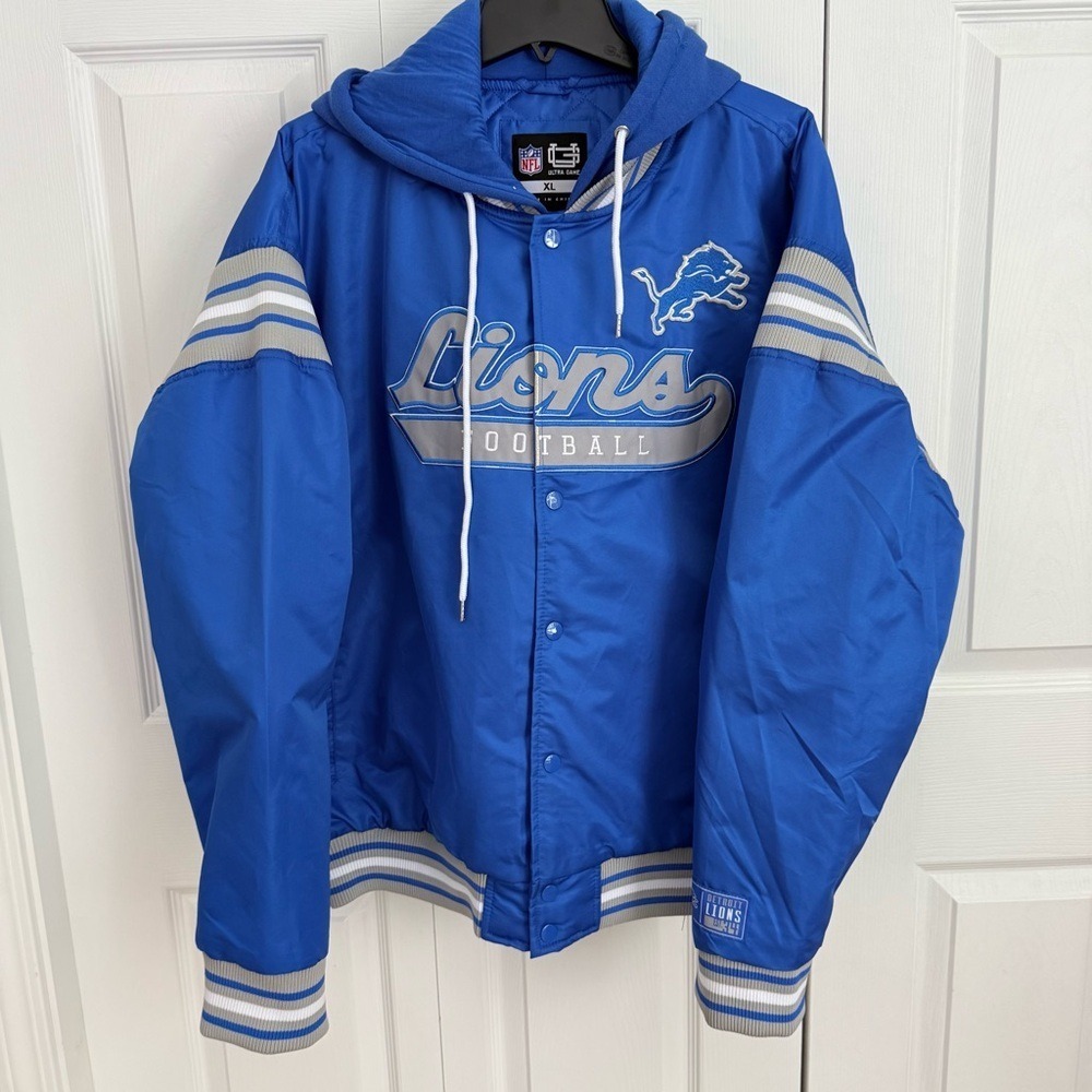 NWT NFL Detroit Lions Ultra‎ Game Hooded Bomber Quilted Jacket Blue Gray Size XL